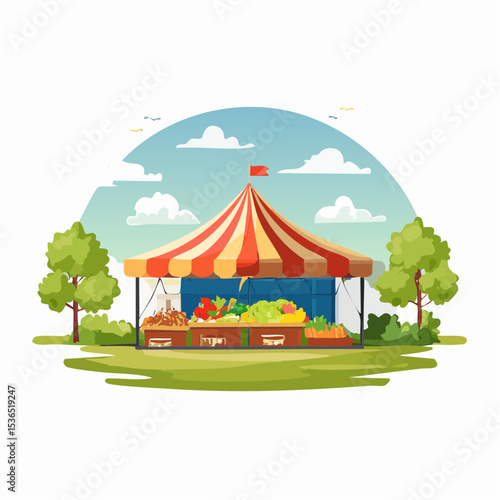 A colorful outdoor market stall with striped tent roof displays fresh produce on a sunny day.