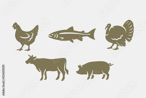 Farm and food animals set, vintage silhouette vector illustration

