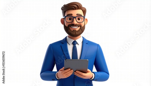 3D character of a happy business man with a beard, wearing a blue suit and glasses