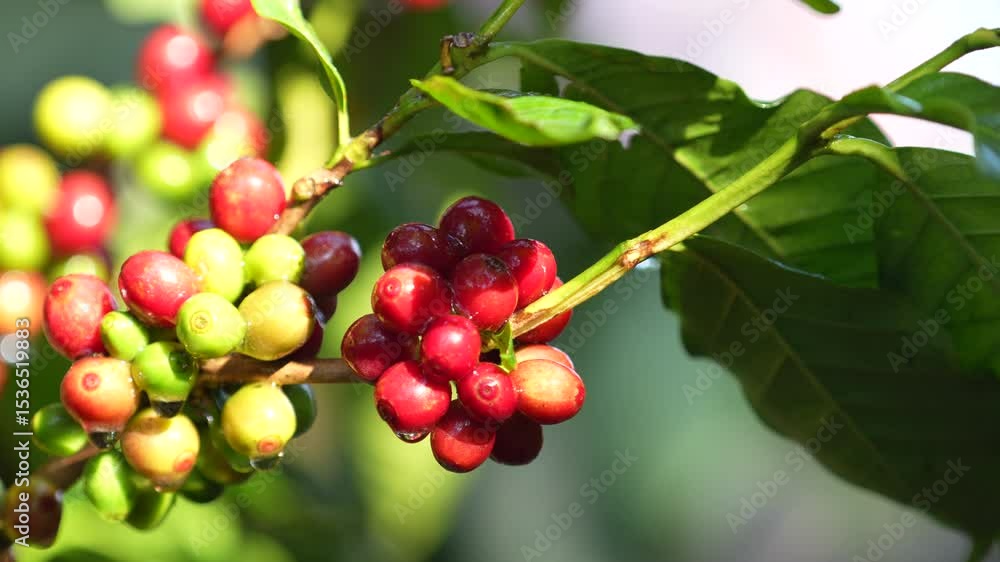 VDO 4KCoffee beans borne on trees in farms and gardens, raw coffee beans in the growing season and drops of water in the morning. VDO 4KCoffee beans borne on trees in farms and gardens, raw coffee beans in the growing season and drops of water in the morning.