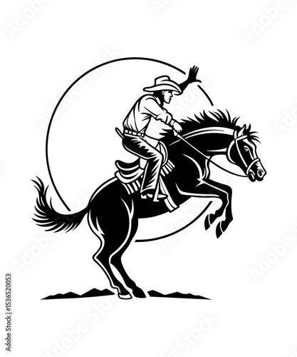 Bucking Bronco Silhouette Illustration Cowboy Riding Horse Rodeo Design Vector, Horse Silhouette vector illustration, Silhouette of Horse and Rider Animation, Horse racing silhouette vector 