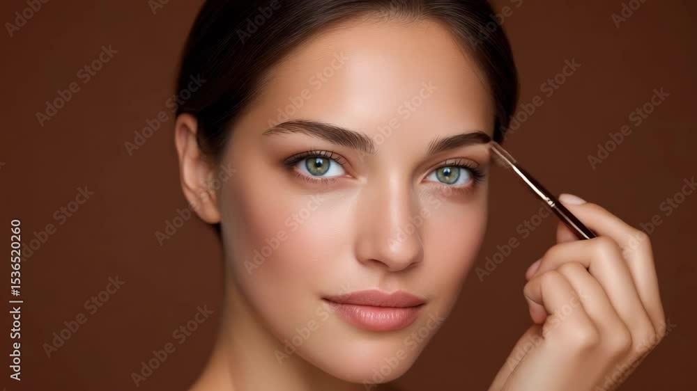 Young Woman Applying Makeup with a Brush Showcasing Blue Eyes Against a Warm Brown Background Young Woman Applying Makeup with a Brush Showcasing Blue Eyes Against a Warm Brown Background