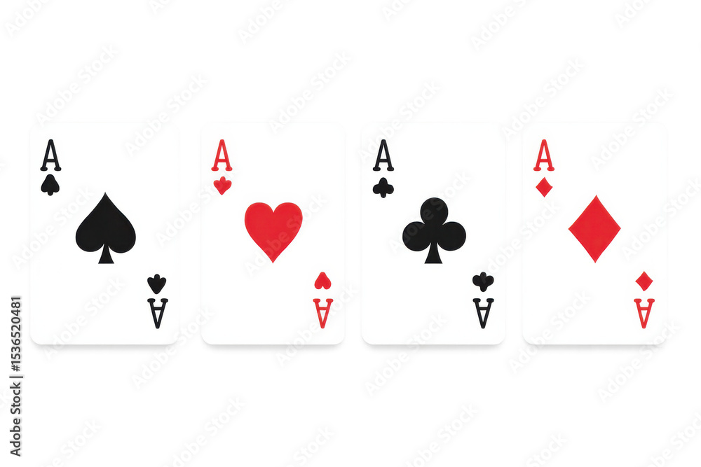 Obraz premium Four aces of spades, hearts, clubs and diamonds, playing cards on transparent background, ideal for gambling or game concepts