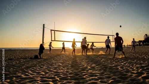 Beach Volleyball Game at Sunset: Players Spiking and Serving in Golden Light