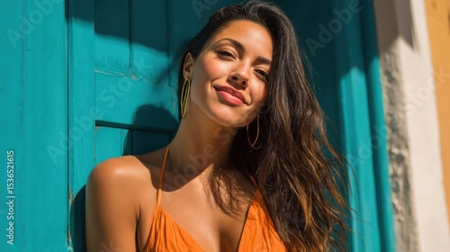 Portrait of a young Latina woman with a playful smile, bright daylight, natural look