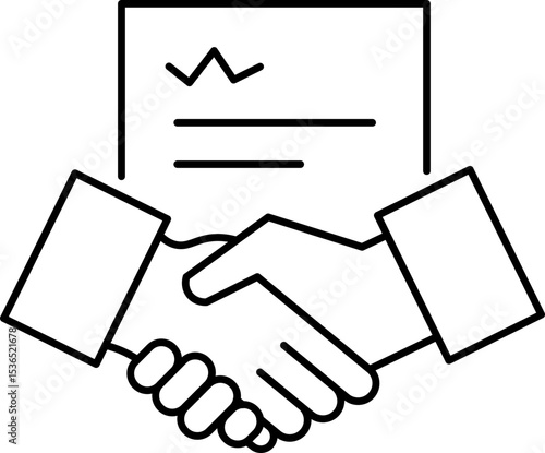 Simple black and white line drawing depicts two hands shaking, symbolizing agreement or partnership, with document featuring graph background. This conveys sense of business collaboration