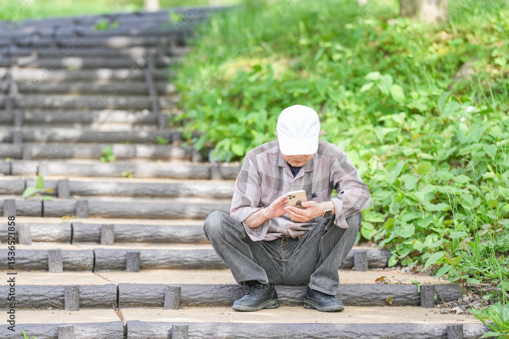Obraz premium In a lush green park on a sunny May day, a Japanese man in his late 70s, wearing a checkered shirt and white hat, sits on steps using his smartphone. Amid spring foliage, he looks calm and focused.