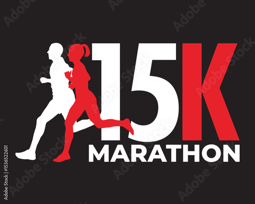 Silhouette of a man and woman running a 15K marathon - vector logo design - vector illustration