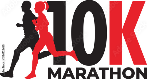 Silhouette of a man and woman running a 10K marathon - vector logo design - vector illustration