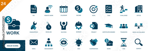 Work icon. Office, income, remote work, worker, teamwork, tax, management. Solid vector icons collection.