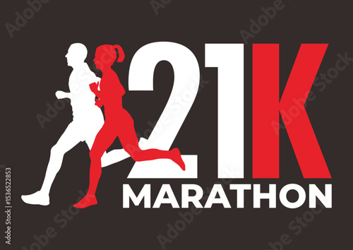 Silhouette of a man and woman running a 15K marathon - vector logo design - vector illustration