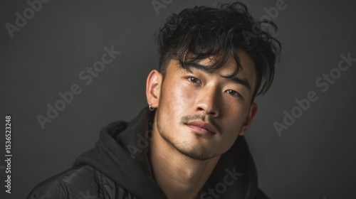 Portrait of young Asian man with glossy black hair, neutral expression, soft background
