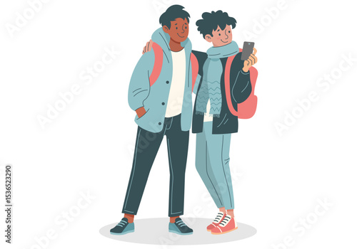 Adolescents qui prennent la pose pour prendre un selfie - Couple ou amis, illustration minimaliste vectorielle éditable - Adolescence et émotions, relation humaine, partage, rapprochement de 2 jeunes