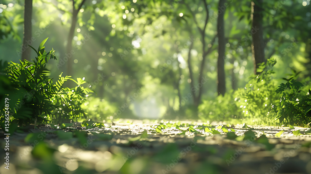 Fototapeta premium Serene Sunlit Forest Paths: Morning Light Filtering Through Lush Canopies
