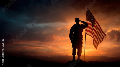 Silhouette of a saluting soldier at sunset in front of a waving American flag, dramatic lighting and sky, concept of honor and remembrance for Memorial Day