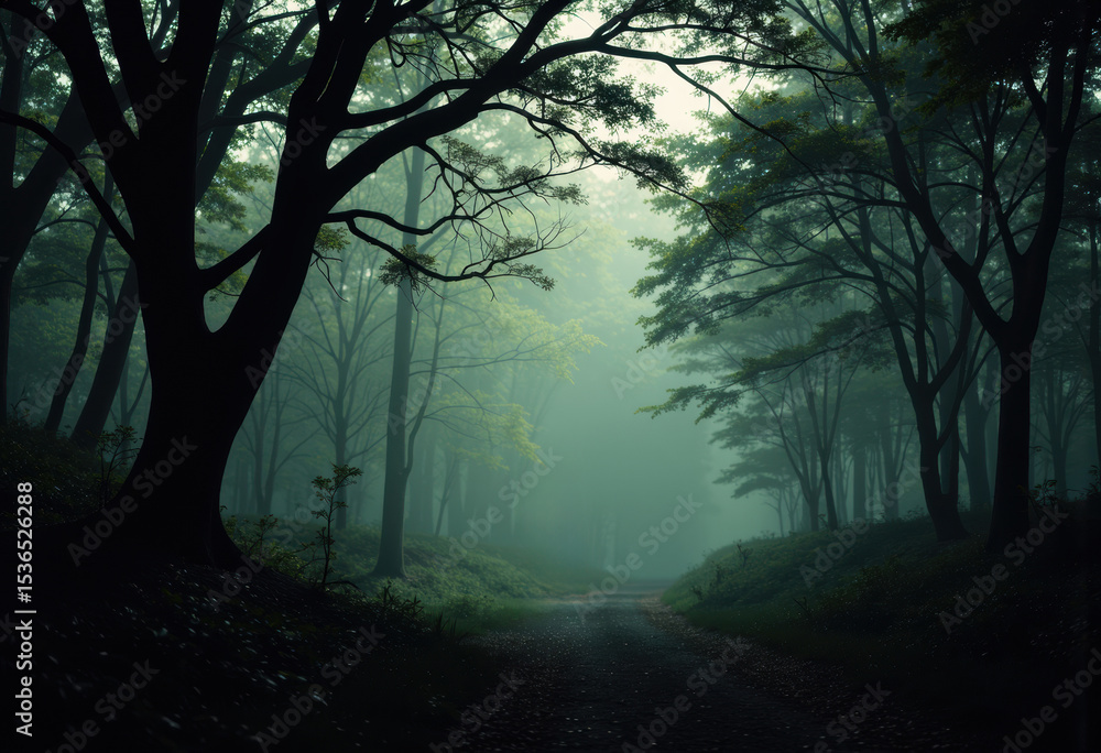 Naklejka premium Serene forest pathway surrounded by tall trees and misty atmosphere