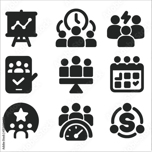 Teamwork Icon Set. Solid style icons of team rhythm and sync: work style chart, sync meeting icon, energy alignment icon, group