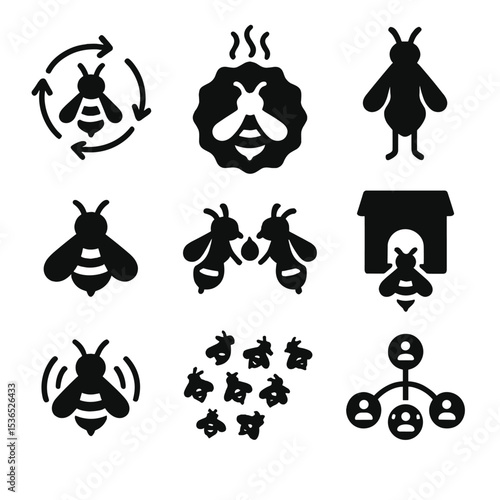 Bee Communication Icons. Solid style icons of bee communication and behavior: waggle dance icon, pheromone trail badge, bee guard