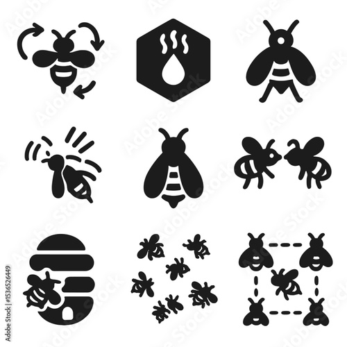 Bee Communication Icons. Solid style icons of bee communication and behavior: waggle dance icon, pheromone trail badge, bee guard