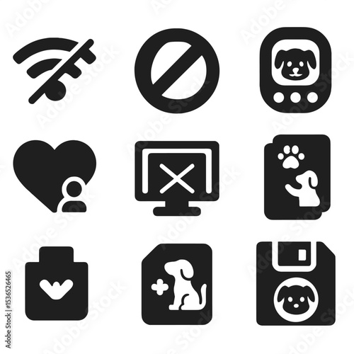 Offline Pet Icons. Solid style icons of offline digital pet care: offline mode icon, no internet badge, device care tracker,