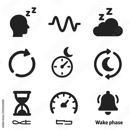 Sleep Rhythm Icons. Solid style icons of sleep rhythms and phases: REM phase icon, deep sleep wave, light sleep cloud, sleep cycle