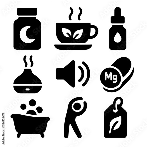 Natural Sleep Aids Icons. Solid style icons of natural sleep aids: melatonin bottle icon, herbal tea cup, sleep blend essential