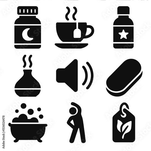 Natural Sleep Aids Icons. Solid style icons of natural sleep aids: melatonin bottle icon, herbal tea cup, sleep blend essential