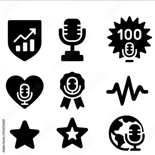 Podcast Achievement Icons. Solid style icons of podcast awards and milestones: top chart badge, listener choice trophy, 100th