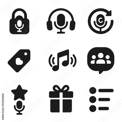 Podcast Access Icons. Solid style icons of podcast subscription and member content: locked episode icon, member-only feed badge,