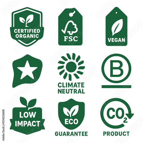 Green Certification Icons. Solid style icons of green certifications and badges: certified organic icon, FSC label, vegan product