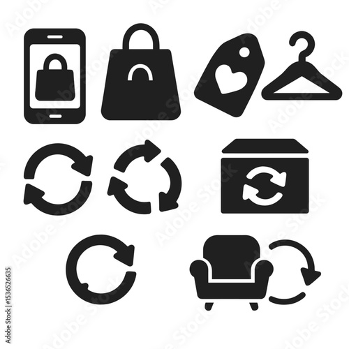 Circular Economy Icons. Solid style icons of secondhand and circular economy: resale app icon, thrift store bag, pre-loved item