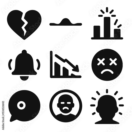 Emotional Burnout Icons. Solid style icons of emotional burnout signals: cracked heart icon, flattened mood wave, anxiety bar