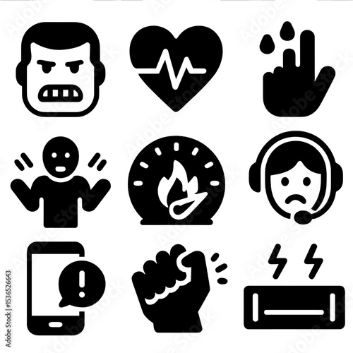 Tech Stress Icons. Solid style icons of tech stress responses: clenched jaw icon, fast heart monitor, sweaty palm cursor, raised