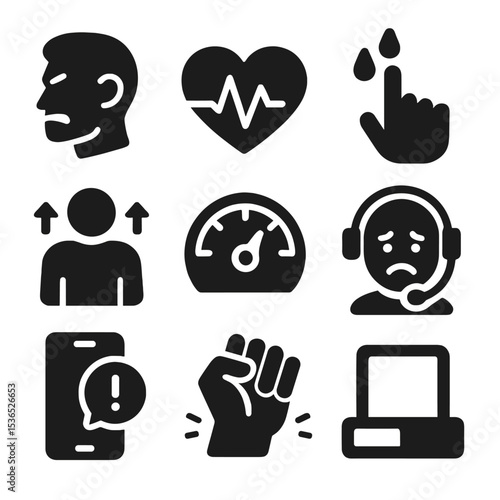 Tech Stress Icons. Solid style icons of tech stress responses: clenched jaw icon, fast heart monitor, sweaty palm cursor, raised
