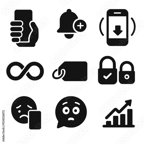 App Addiction Icons. Solid style icons of app addiction habits: phone grip icon, dopamine notification symbol, infinite scroll