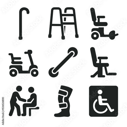 Mobility Aids Icons. Solid vector icons of mobility aids and support: cane icon, walker, rollator with seat, mobility scooter,
