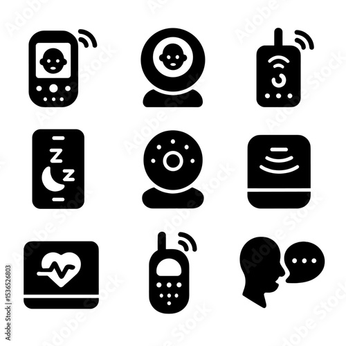 Baby Monitor Devices. Solid vector icons of baby monitoring devices: baby monitor screen, camera with baby icon, sound monitor,