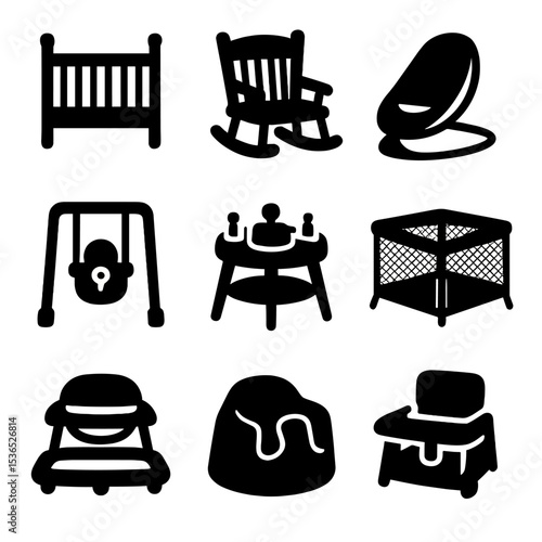 Baby Gear Icons. Solid vector icons of baby gear and furniture: convertible crib, rocking chair, baby bouncer, swing seat,