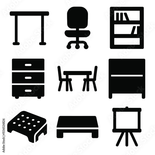 Office Furniture Icons. Solid vector icons of office furniture: standing desk, rolling chair, bookshelf, drawer unit, meeting