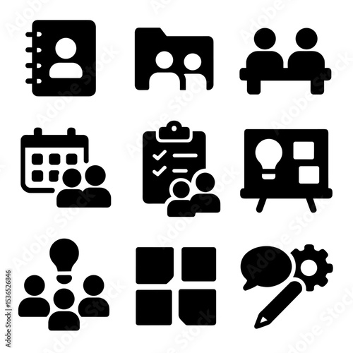 Office Collaboration Icons. Solid vector icons of office supplies for collaboration: shared notebook, team folder, coworking icon,