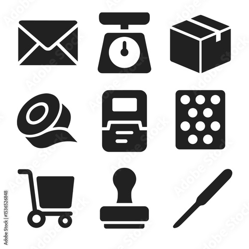 Mailing Tools Icons. Solid vector icons of mailing and packaging tools: envelope, postage scale, shipping box, packing tape, label