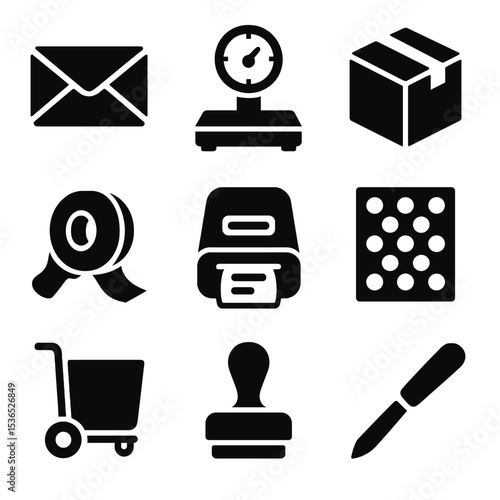 Mailing Tools Icons. Solid vector icons of mailing and packaging tools: envelope, postage scale, shipping box, packing tape, label