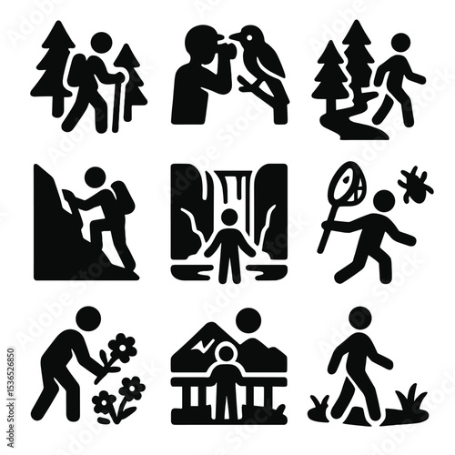 Nature Exploration Icons. Solid vector icons of nature and exploration: forest hike, birdwatching, nature trail, mountain climb,