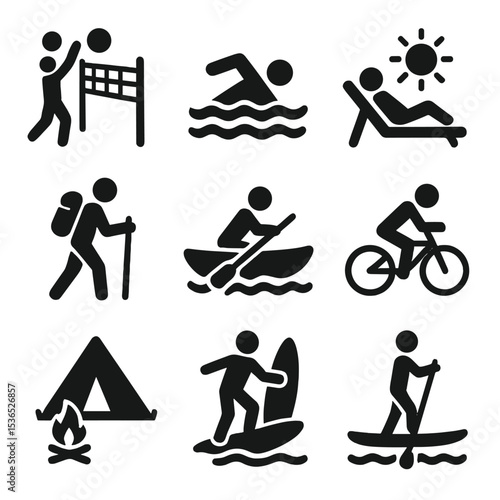 Summer Outdoor Activities. Solid vector icons of outdoor summer activities: beach volleyball, swimming, sunbathing, hiking,