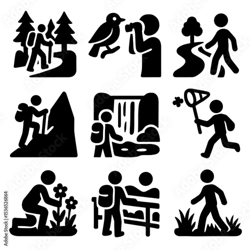 Nature Exploration Icons. Solid vector icons of nature and exploration: forest hike, birdwatching, nature trail, mountain climb,