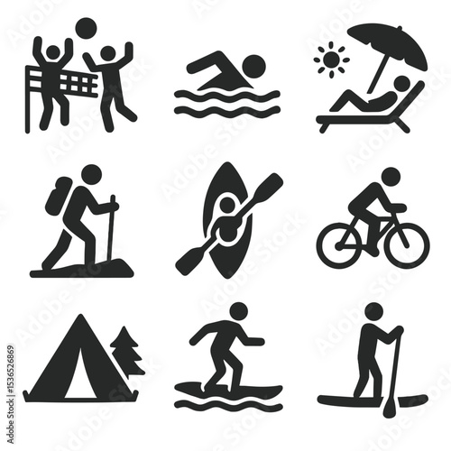 Summer Outdoor Activities. Solid vector icons of outdoor summer activities: beach volleyball, swimming, sunbathing, hiking,