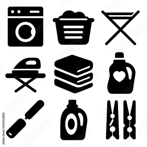 Laundry Essentials Icons. Solid vector icons of laundry and fabric care: washing machine, laundry basket, drying rack, ironing