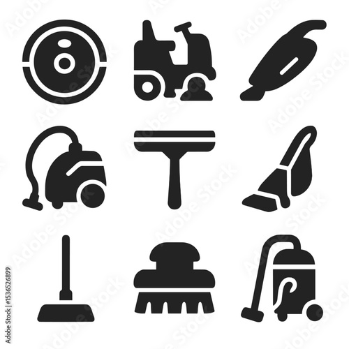 Cleaning Equipment Icons. Solid vector icons of cleaning equipment and devices: robot vacuum, floor scrubber, handheld vacuum,