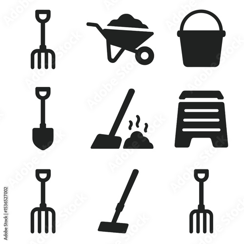 Waste Handling Tools Icons. Solid vector icons of waste handling tools: manure fork, wheelbarrow, muck bucket, shovel, barn