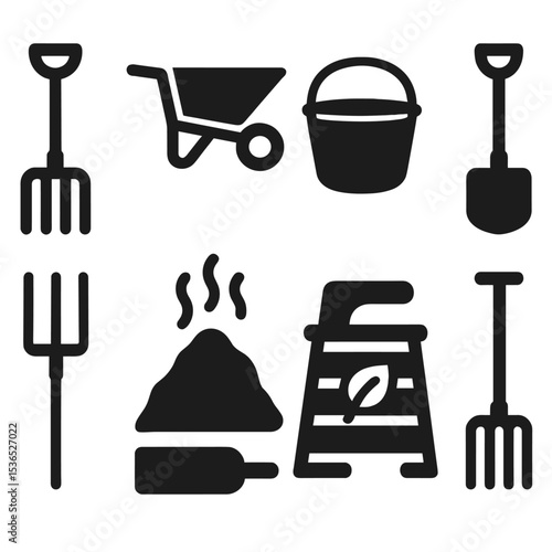 Waste Handling Tools Icons. Solid vector icons of waste handling tools: manure fork, wheelbarrow, muck bucket, shovel, barn
